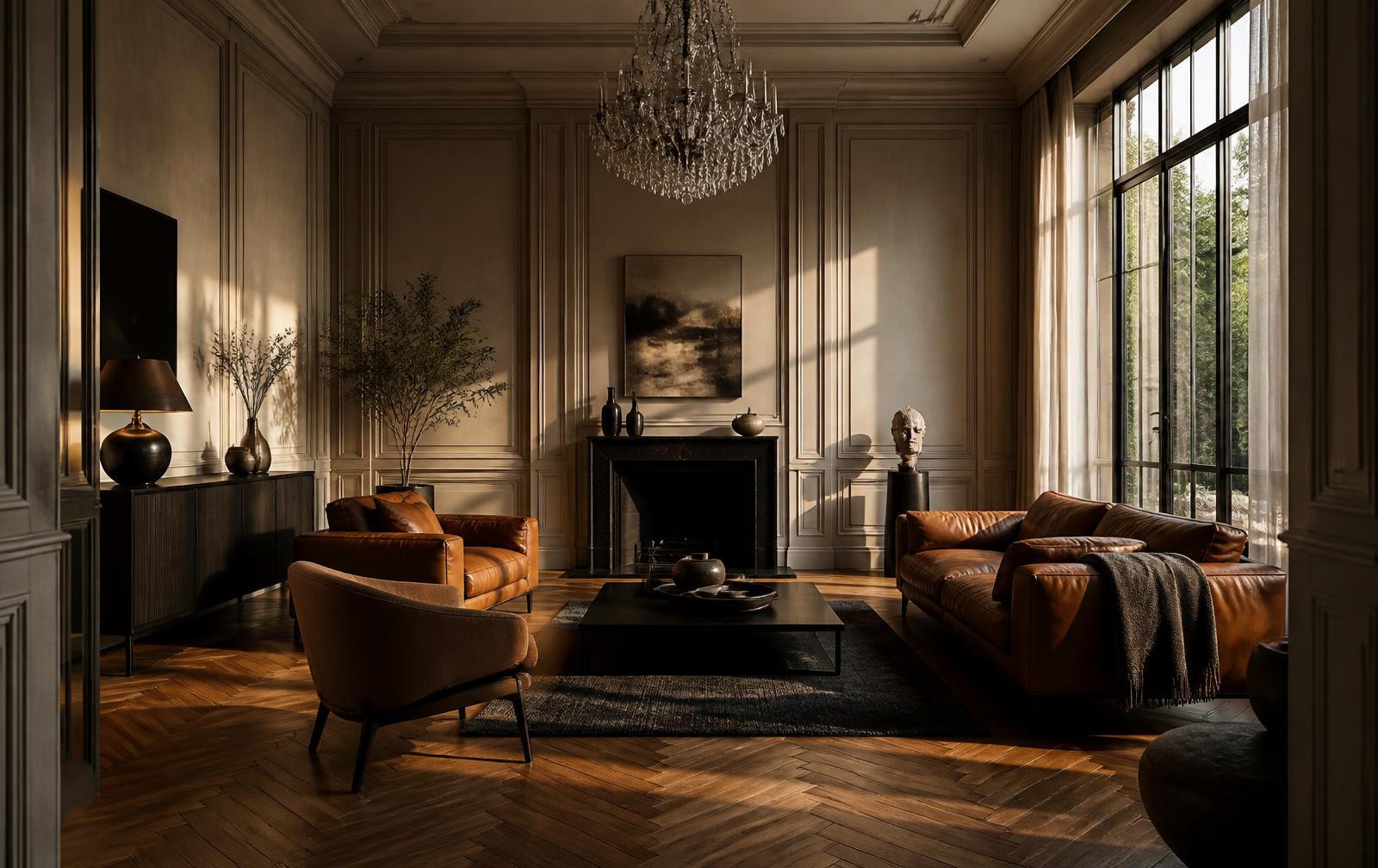 Panelled reception room with chandelier, leather seating and steel-framed windows