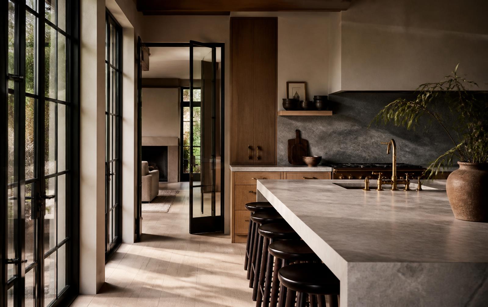 Stone kitchen island with brushed brass tapware and black steel-and-glass doors