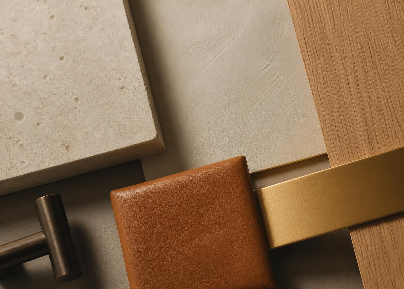 Material palette of limestone, lime plaster, white oak, brass and tan leather