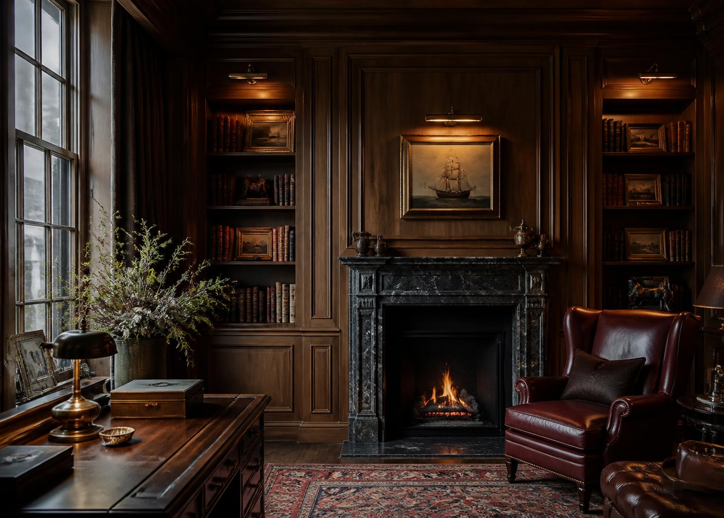 Panelled study with oak joinery, marble chimneypiece and leather armchair