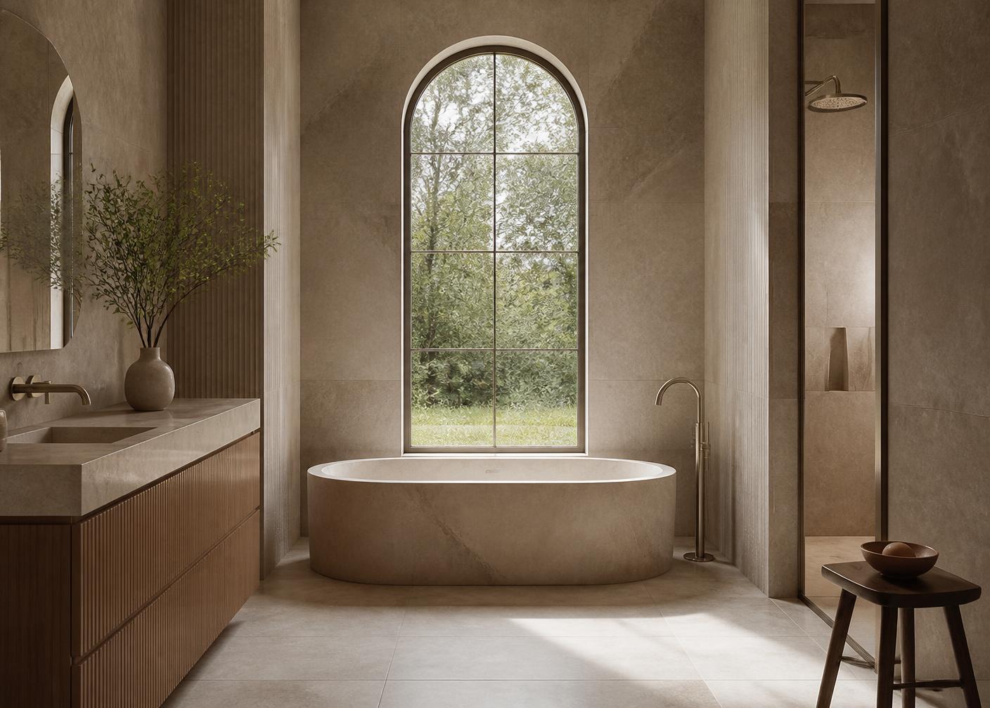 Stone-clad bathroom with monolithic bath and tall arched window