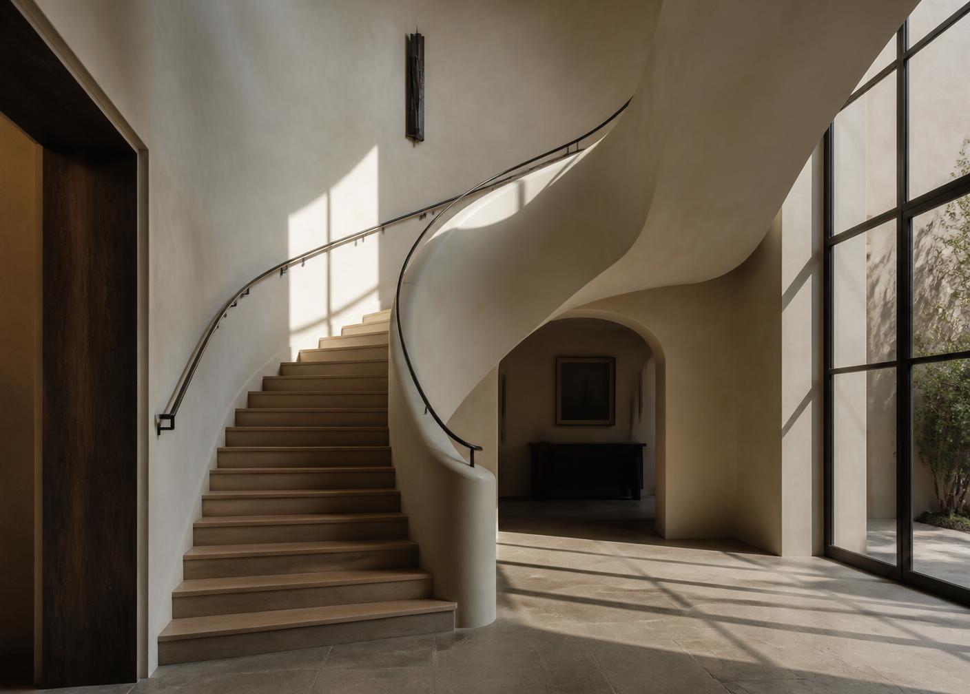 Sculptural curved plaster stair with blackened steel handrail and oak treads